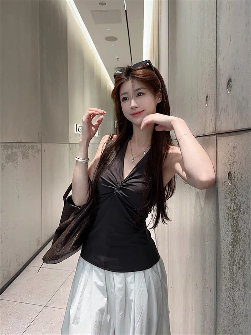 대외 무역 뜨거운 판매 섹션 핫걸 순수한 욕망 바람 작은 대중 비틀림 행침 목 캐미솔 여름 달콤한 차가운 바람 맨위 상세 이미지 9