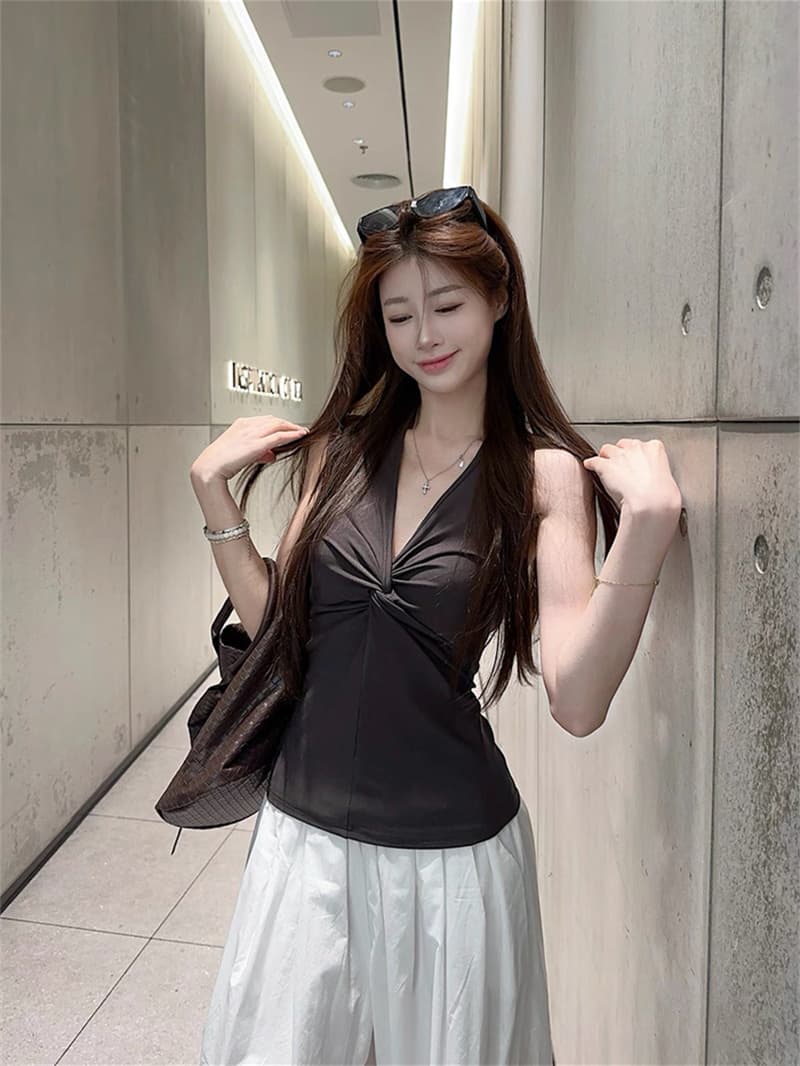 대외 무역 뜨거운 판매 섹션 핫걸 순수한 욕망 바람 작은 대중 비틀림 행침 목 캐미솔 여름 달콤한 차가운 바람 맨위 상세 이미지 16