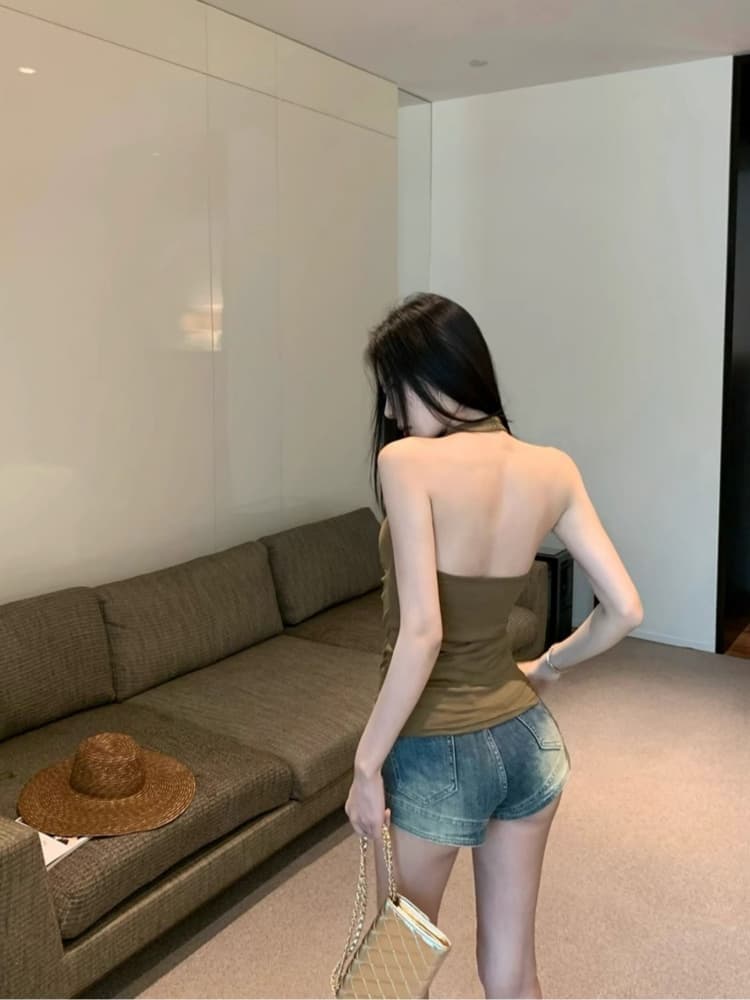 대외 무역 뜨거운 판매 섹션 핫걸 순수한 욕망 바람 작은 대중 비틀림 행침 목 캐미솔 여름 달콤한 차가운 바람 맨위 상세 이미지 19