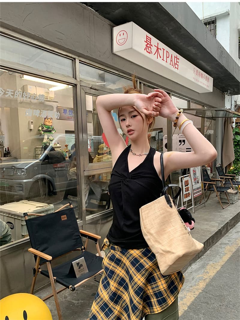 대외 무역 뜨거운 판매 섹션 핫걸 순수한 욕망 바람 작은 대중 비틀림 행침 목 캐미솔 여름 달콤한 차가운 바람 맨위 상세 이미지 25