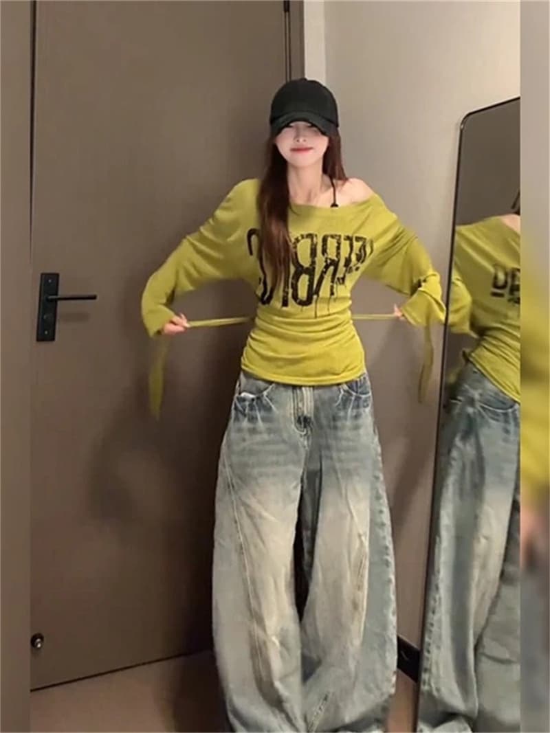 느긋한 바람 루즈핏 알파벳 프린트 긴팔 티셔츠 여성 의류 새로운 여름 한 부서 디자인 센스 캐주얼 맨위 상세 이미지 2