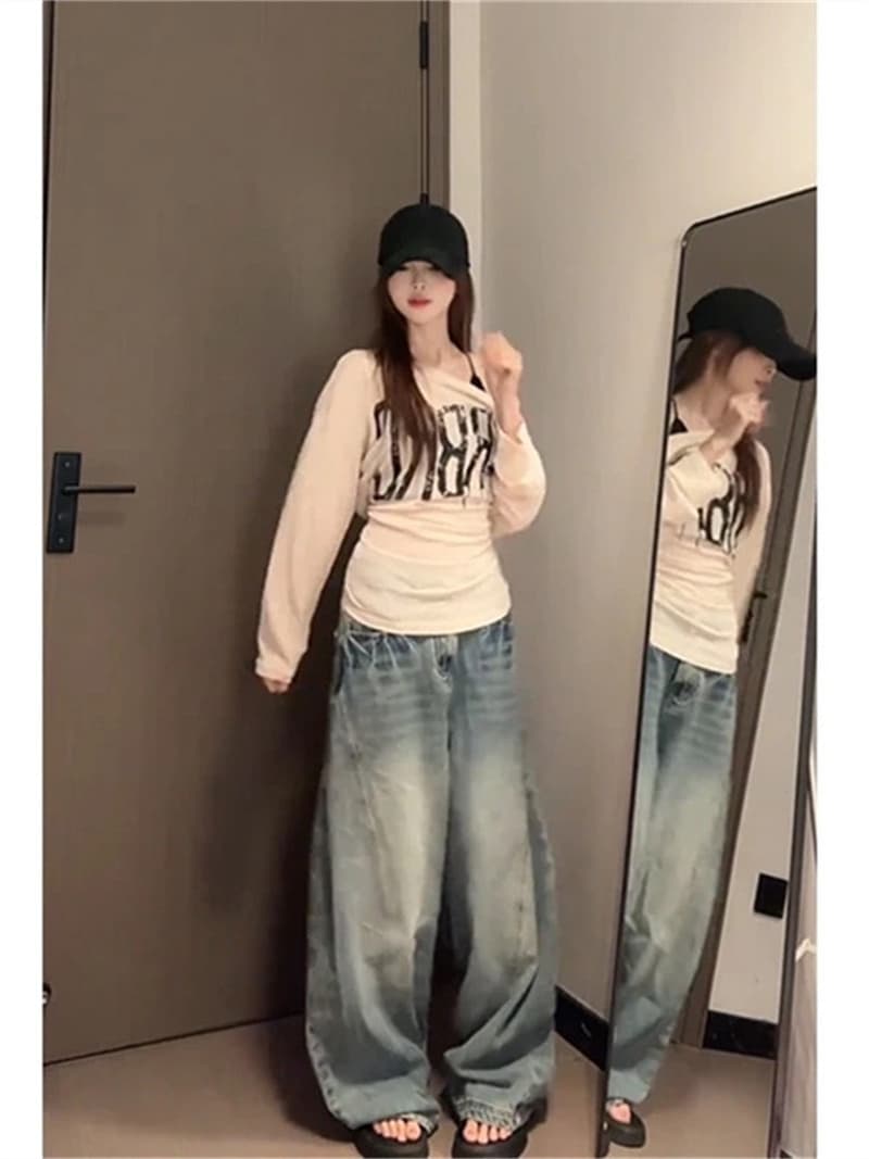 느긋한 바람 루즈핏 알파벳 프린트 긴팔 티셔츠 여성 의류 새로운 여름 한 부서 디자인 센스 캐주얼 맨위 상세 이미지 4
