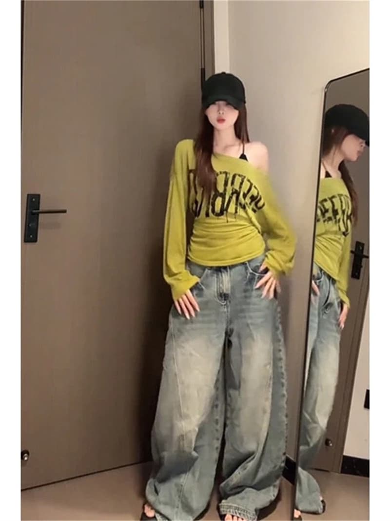 느긋한 바람 루즈핏 알파벳 프린트 긴팔 티셔츠 여성 의류 새로운 여름 한 부서 디자인 센스 캐주얼 맨위 상세 이미지 5
