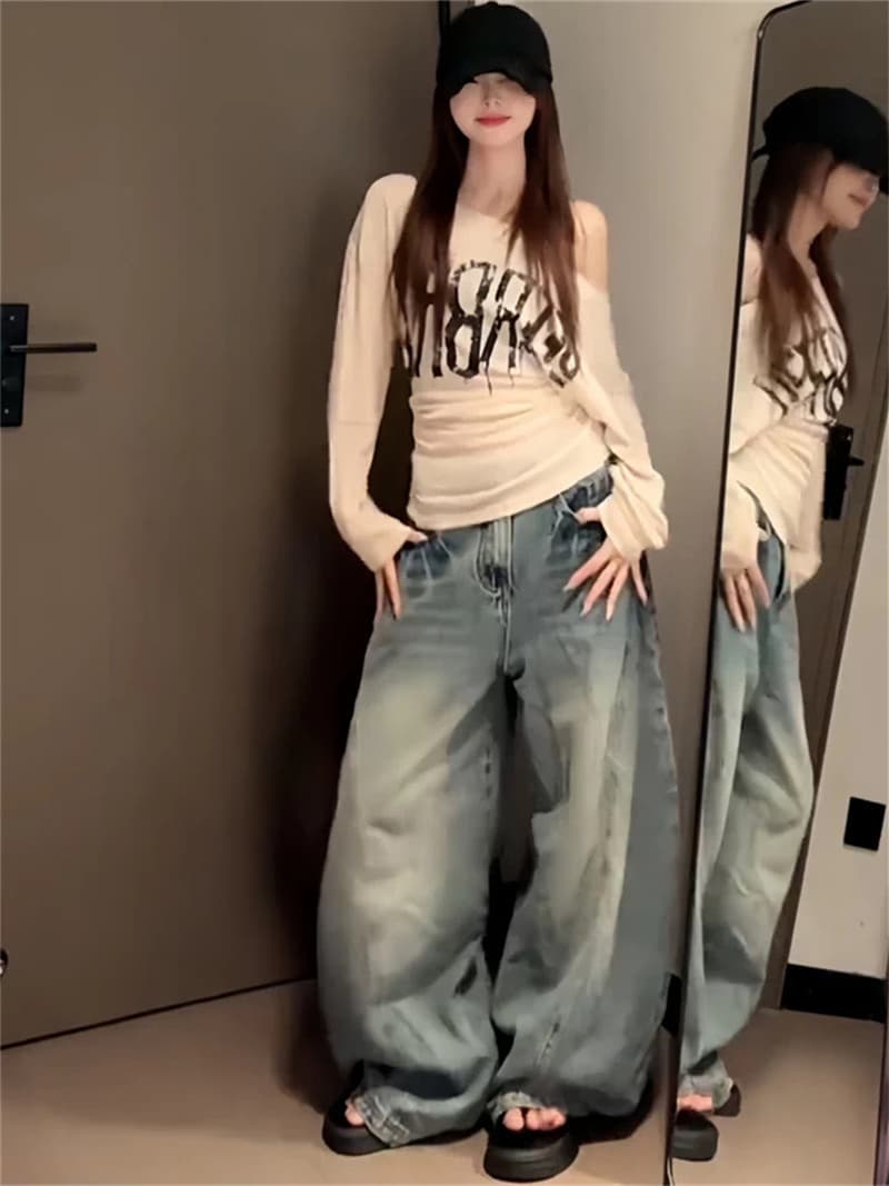 느긋한 바람 루즈핏 알파벳 프린트 긴팔 티셔츠 여성 의류 새로운 여름 한 부서 디자인 센스 캐주얼 맨위 상세 이미지 10