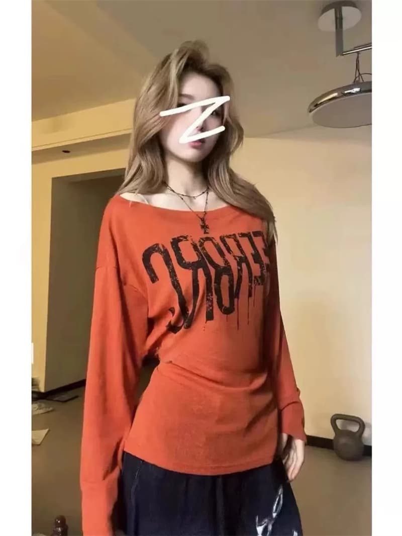 느긋한 바람 루즈핏 알파벳 프린트 긴팔 티셔츠 여성 의류 새로운 여름 한 부서 디자인 센스 캐주얼 맨위 상세 이미지 16