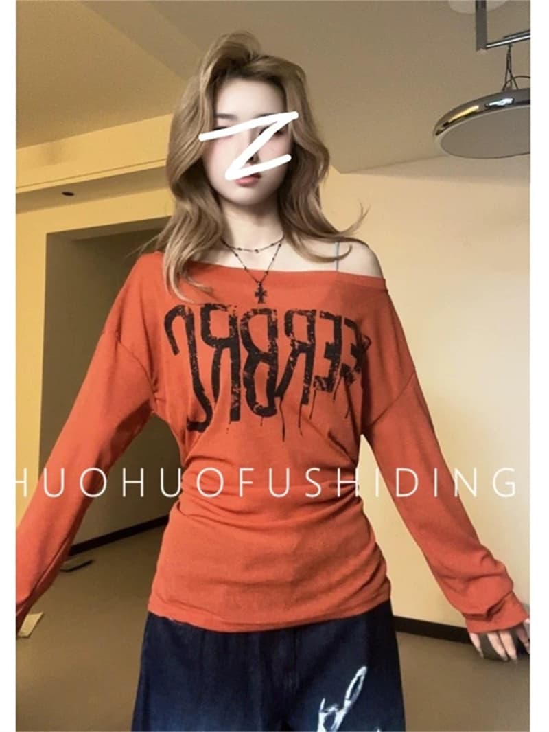 느긋한 바람 루즈핏 알파벳 프린트 긴팔 티셔츠 여성 의류 새로운 여름 한 부서 디자인 센스 캐주얼 맨위 상세 이미지 19