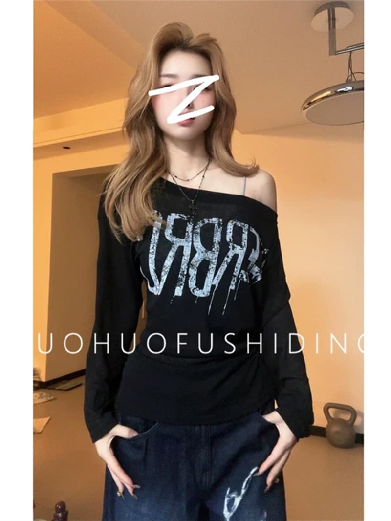 느긋한 바람 루즈핏 알파벳 프린트 긴팔 티셔츠 여성 의류 새로운 여름 한 부서 디자인 센스 캐주얼 맨위 상세 이미지 21