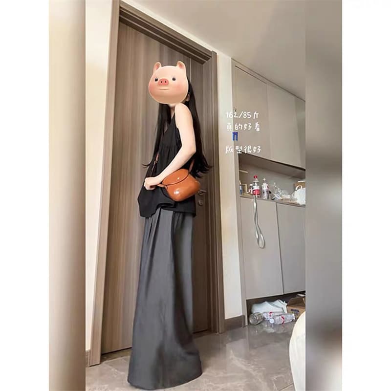 원본 품질 느긋한 바람 단색 도루 센스 허리밴드 캐주얼 바지 봄 여름 빅 사이즈 루즈핏 슬림해 보이는 와이드 레그 팬츠 상세 이미지 3