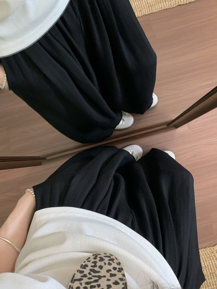 원본 품질 느긋한 바람 단색 도루 센스 허리밴드 캐주얼 바지 봄 여름 빅 사이즈 루즈핏 슬림해 보이는 와이드 레그 팬츠 상세 이미지 21