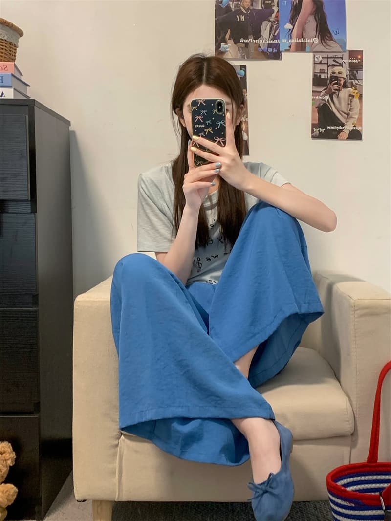 원본 품질 캐주얼 느긋한 바람 단색 도루 센스 허리밴드 여름 마이크로 지방 루즈핏 슬림해 보이는 와이드 레그 팬츠 어린이 상세 이미지 19