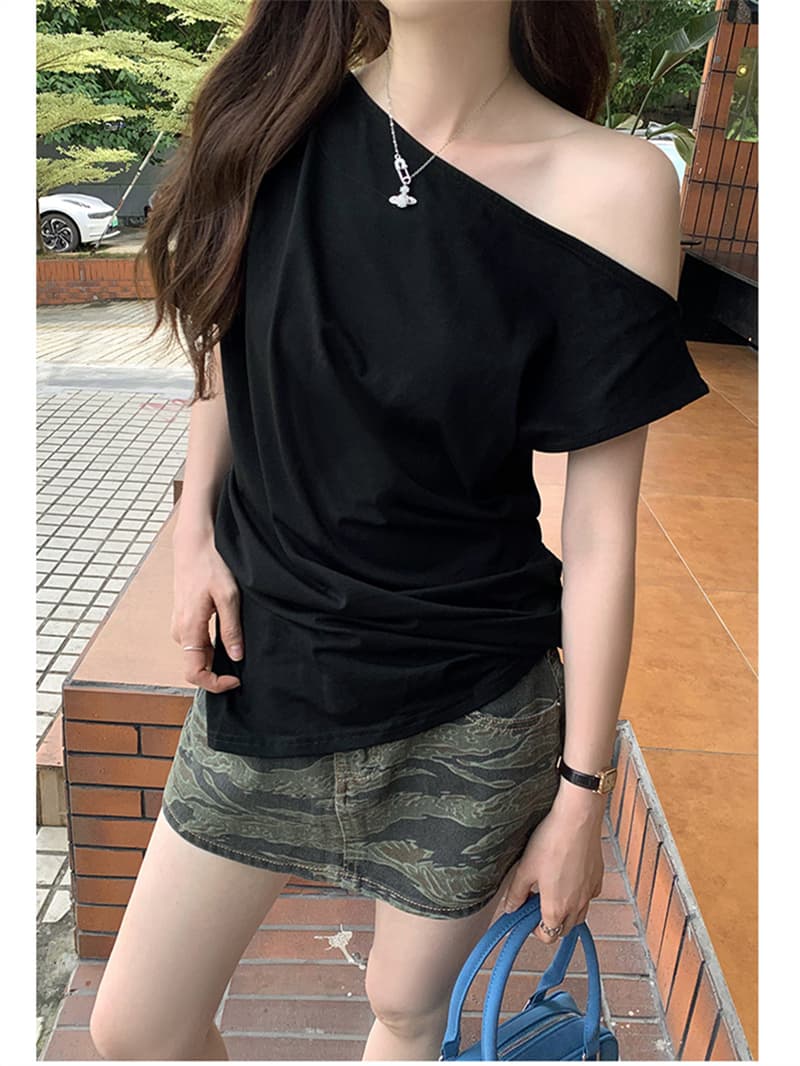 충동 섹션 핫걸 바람 비스듬한 어깨 반팔 티셔츠 여름 달콤한 매운맛 바람이 아닙니다. 규칙 몸매 가꾸기 다용도 맨위 상세 이미지 8