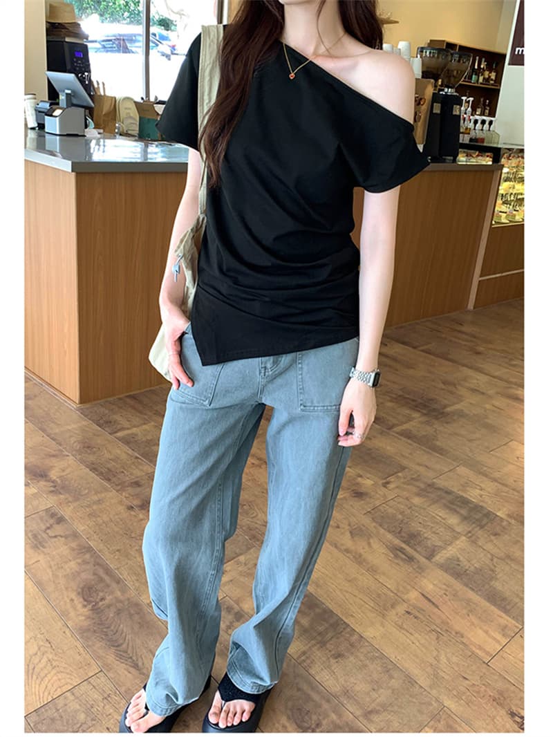 충동 섹션 핫걸 바람 비스듬한 어깨 반팔 티셔츠 여름 달콤한 매운맛 바람이 아닙니다. 규칙 몸매 가꾸기 다용도 맨위 상세 이미지 10