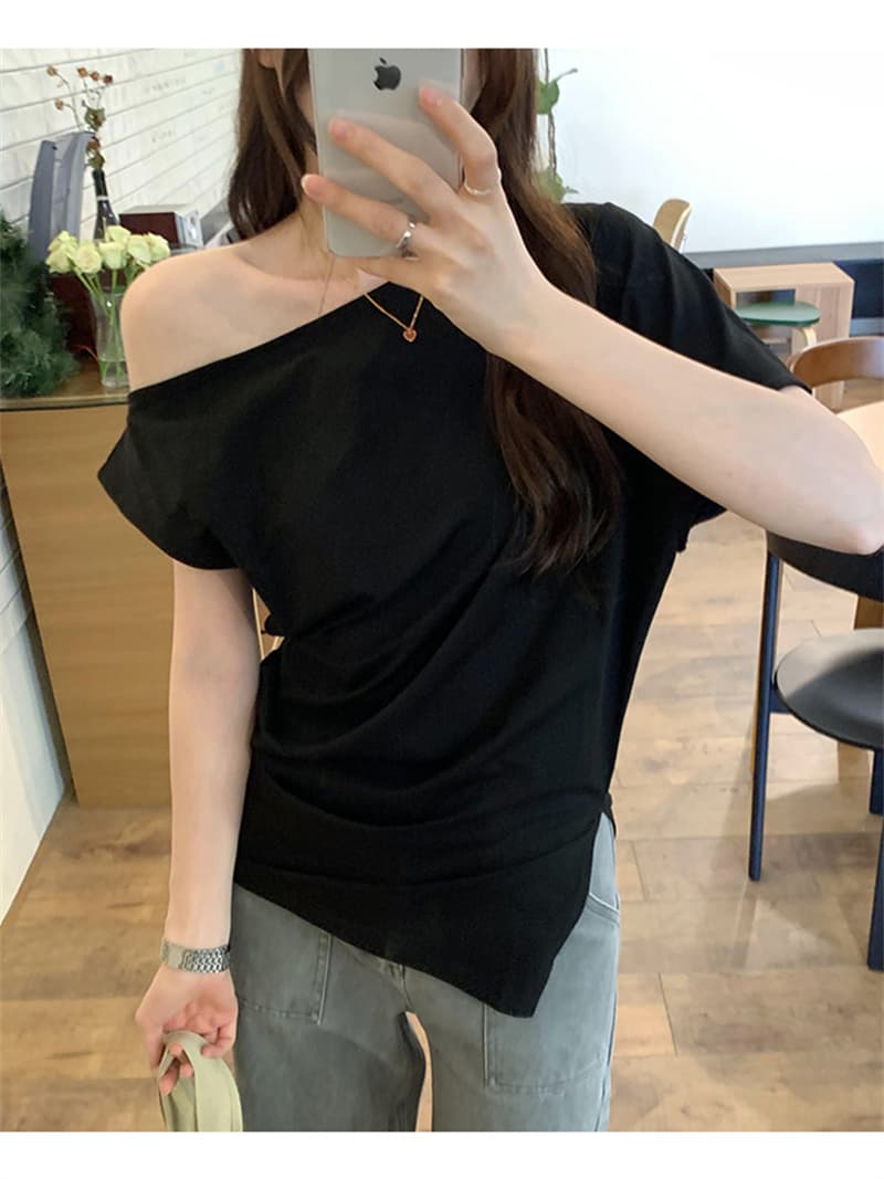충동 섹션 핫걸 바람 비스듬한 어깨 반팔 티셔츠 여름 달콤한 매운맛 바람이 아닙니다. 규칙 몸매 가꾸기 다용도 맨위 상세 이미지 11
