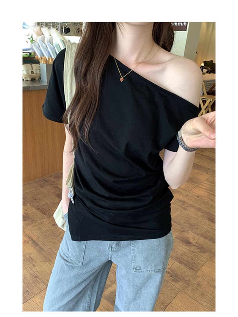 충동 섹션 핫걸 바람 비스듬한 어깨 반팔 티셔츠 여름 달콤한 매운맛 바람이 아닙니다. 규칙 몸매 가꾸기 다용도 맨위 상세 이미지 12
