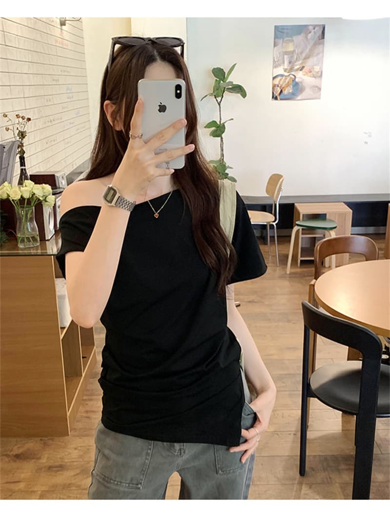 충동 섹션 핫걸 바람 비스듬한 어깨 반팔 티셔츠 여름 달콤한 매운맛 바람이 아닙니다. 규칙 몸매 가꾸기 다용도 맨위 상세 이미지 15