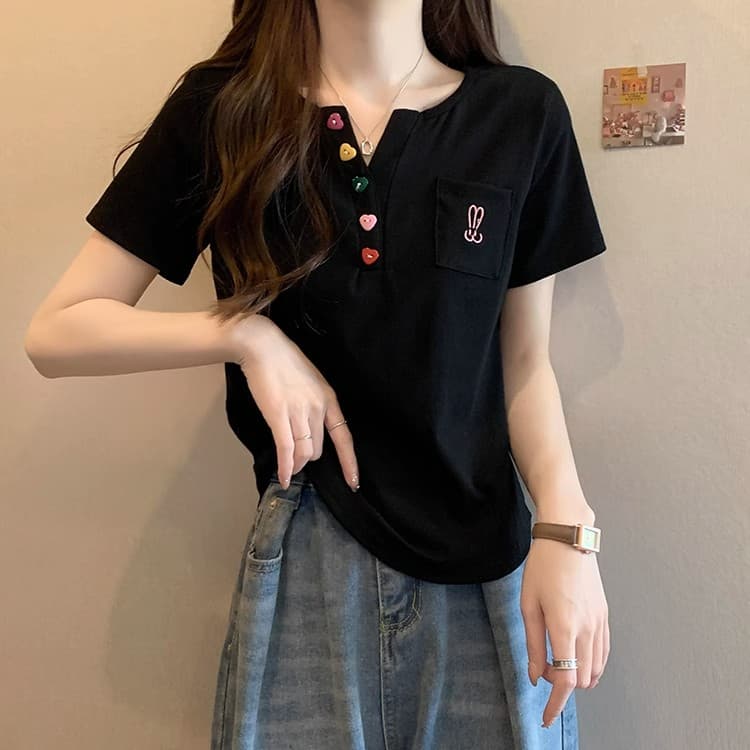 260 그램 빅 사이즈 여성 의류 지방 mm 곡선 밑단 V넥 긍정적 인 어깨 반팔 티셔츠 여성 상세 이미지 6