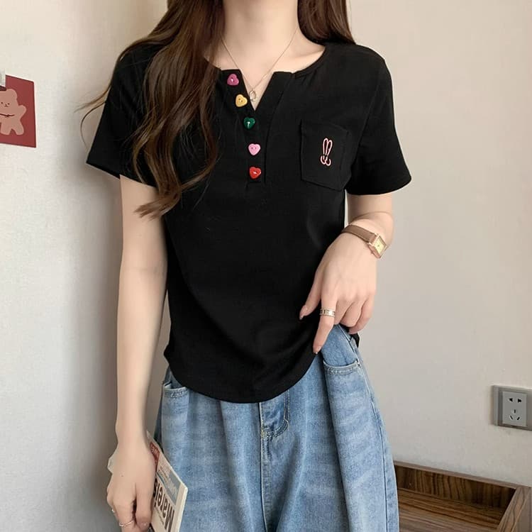 260 그램 빅 사이즈 여성 의류 지방 mm 곡선 밑단 V넥 긍정적 인 어깨 반팔 티셔츠 여성 상세 이미지 8