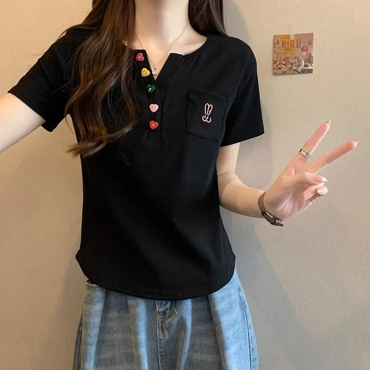 260 그램 빅 사이즈 여성 의류 지방 mm 곡선 밑단 V넥 긍정적 인 어깨 반팔 티셔츠 여성 상세 이미지 13