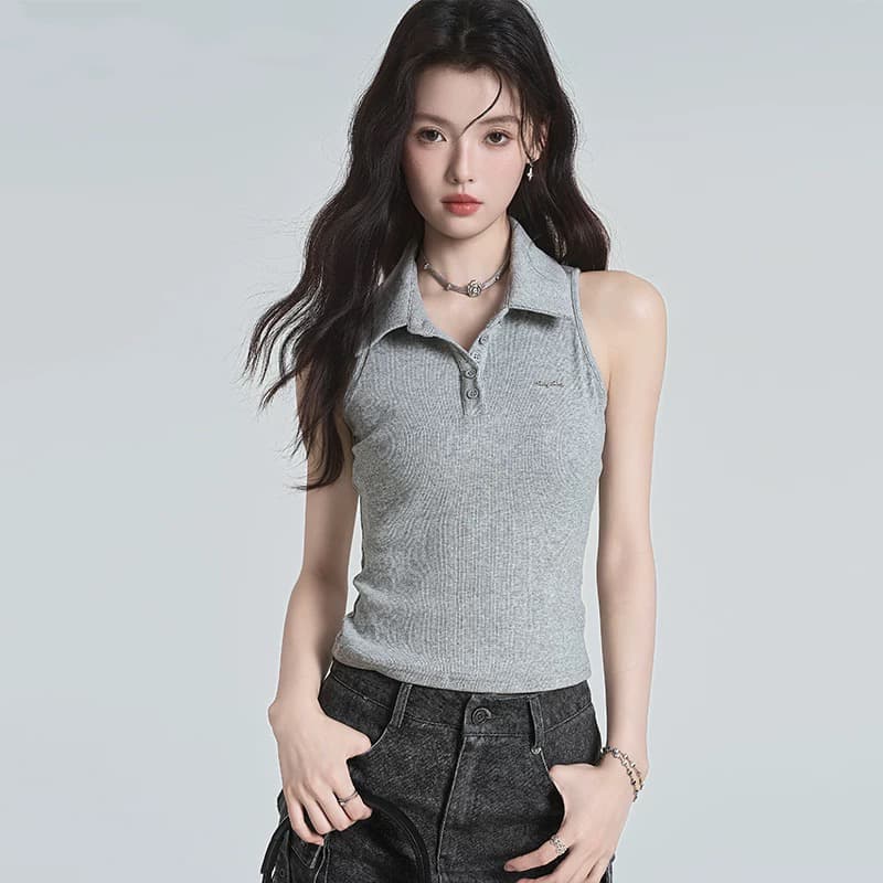 원본 품질 순수한 욕망 바람 핫걸 오프숄더 POLO 칼라 민소매 조끼 여름 작은 키 몸매 가꾸기 맨위 상세 이미지 14