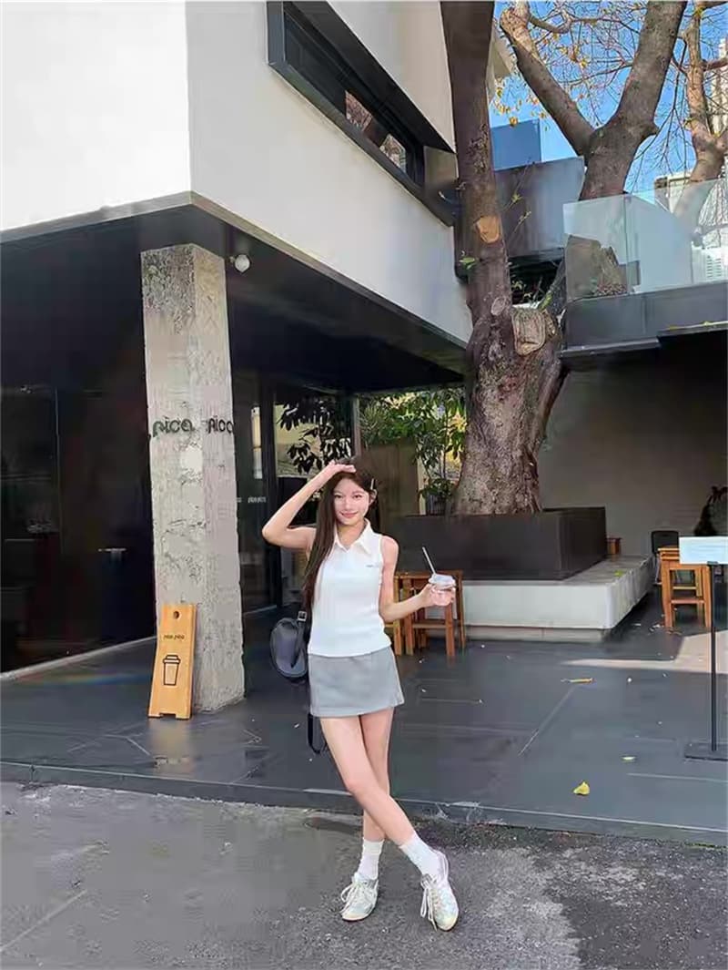 원본 품질 순수한 욕망 바람 핫걸 오프숄더 POLO 칼라 민소매 조끼 여름 작은 키 몸매 가꾸기 맨위 상세 이미지 23