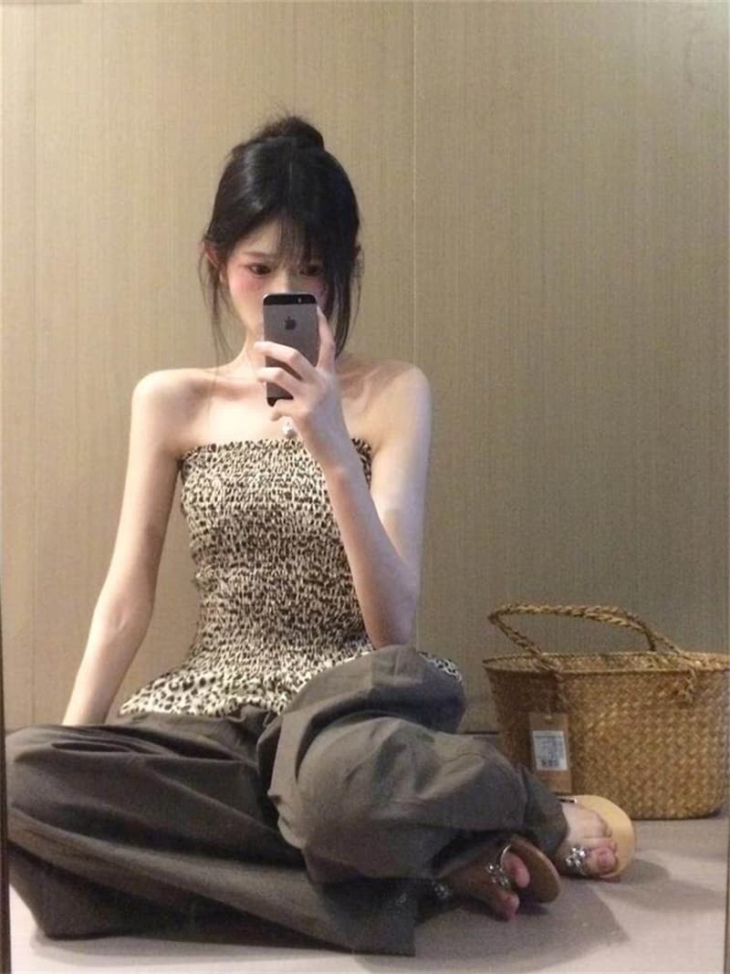 높은 품질 사선 무늬 단조 높은 품질 명중 케이블 들어 고객 실행 금액 레트로 핫걸 레오파드 무늬 튜브탑 조끼 여성 상세 이미지 6