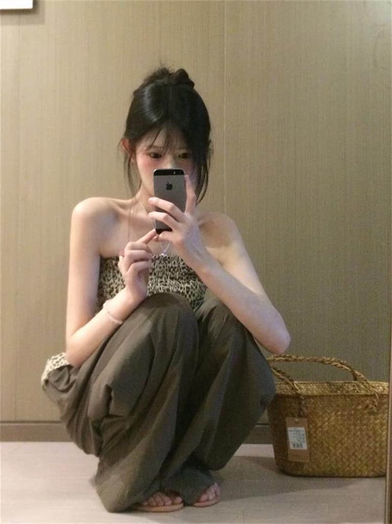 높은 품질 사선 무늬 단조 높은 품질 명중 케이블 들어 고객 실행 금액 레트로 핫걸 레오파드 무늬 튜브탑 조끼 여성 상세 이미지 10