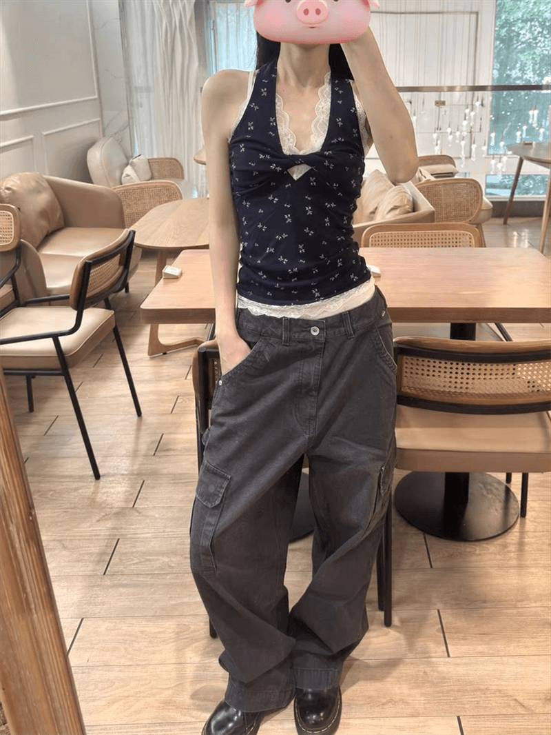실사 프랑스식 디자인 센스 핫걸 몸매 가꾸기 슬림해 보이는 패치워크 레이스 레이스 꽃무늬 행침 목 조끼 맨위 여성 이미지 4