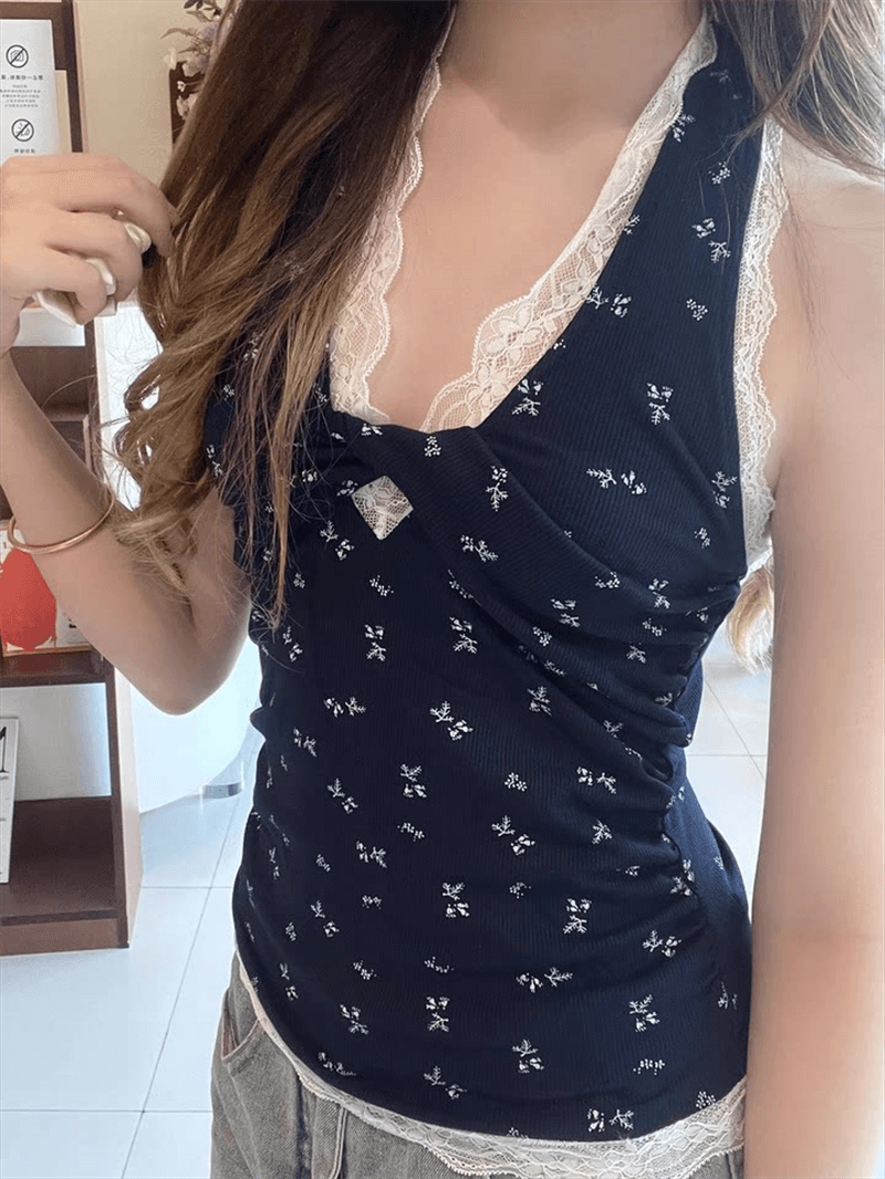 실사 프랑스식 디자인 센스 핫걸 몸매 가꾸기 슬림해 보이는 패치워크 레이스 레이스 꽃무늬 행침 목 조끼 맨위 여성 상세 이미지 13