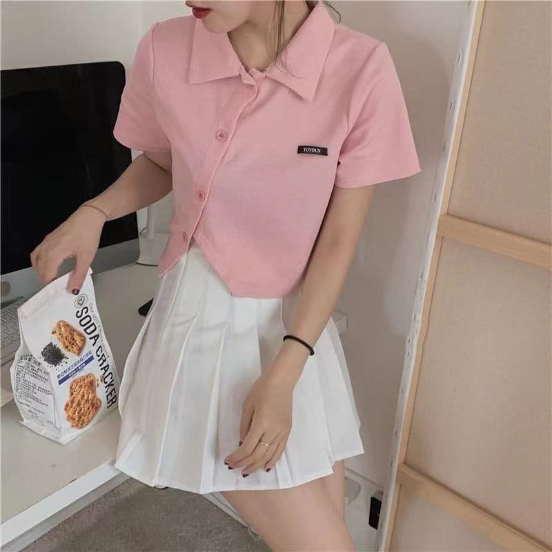 마이크로 지방 mm 불규칙 POLO 칼라 쇼트 스타일 오픈 가디건 티셔츠 핫걸 슬림해 보이는 반팔 맨위