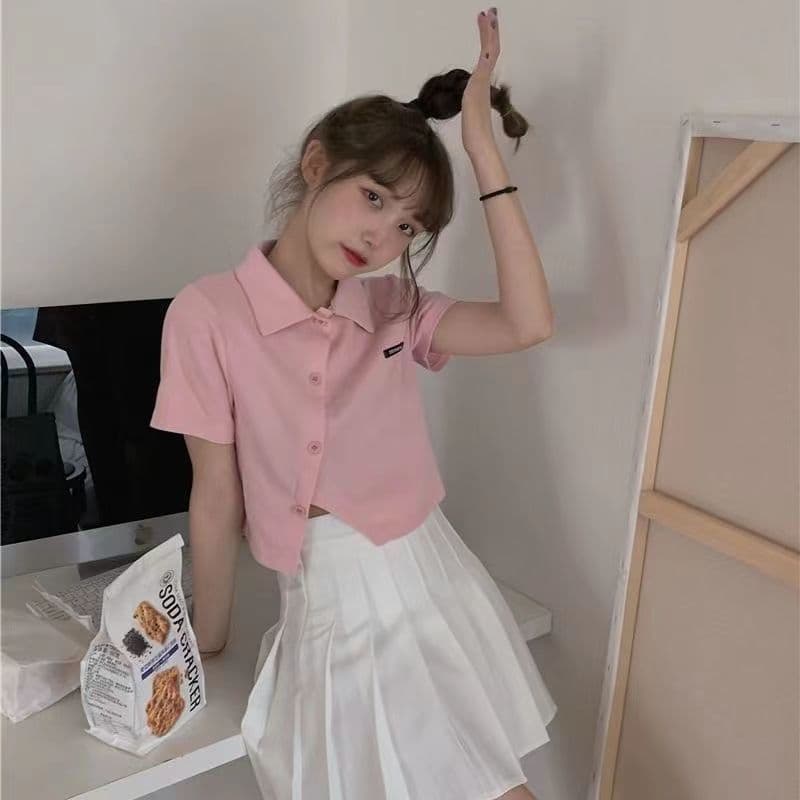 마이크로 지방 mm 불규칙 POLO 칼라 쇼트 스타일 오픈 가디건 티셔츠 핫걸 슬림해 보이는 반팔 맨위 상세 이미지 3