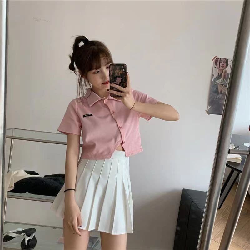 마이크로 지방 mm 불규칙 POLO 칼라 쇼트 스타일 오픈 가디건 티셔츠 핫걸 슬림해 보이는 반팔 맨위 상세 이미지 7
