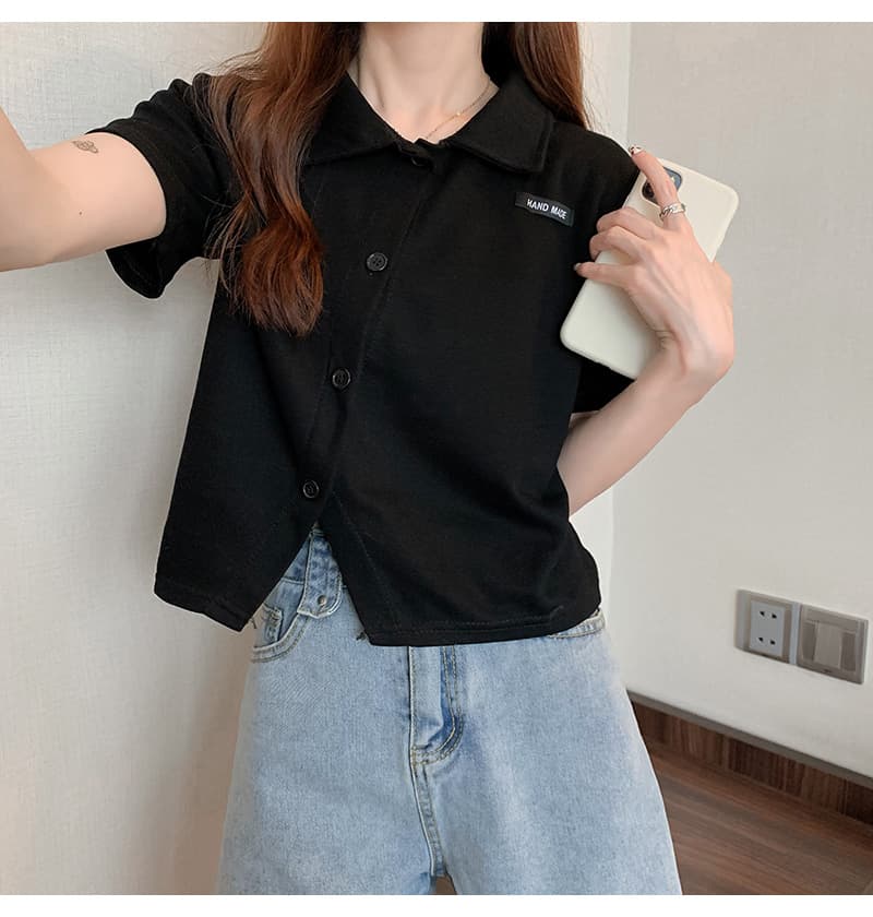 마이크로 지방 mm 불규칙 POLO 칼라 쇼트 스타일 오픈 가디건 티셔츠 핫걸 슬림해 보이는 반팔 맨위 상세 이미지 10