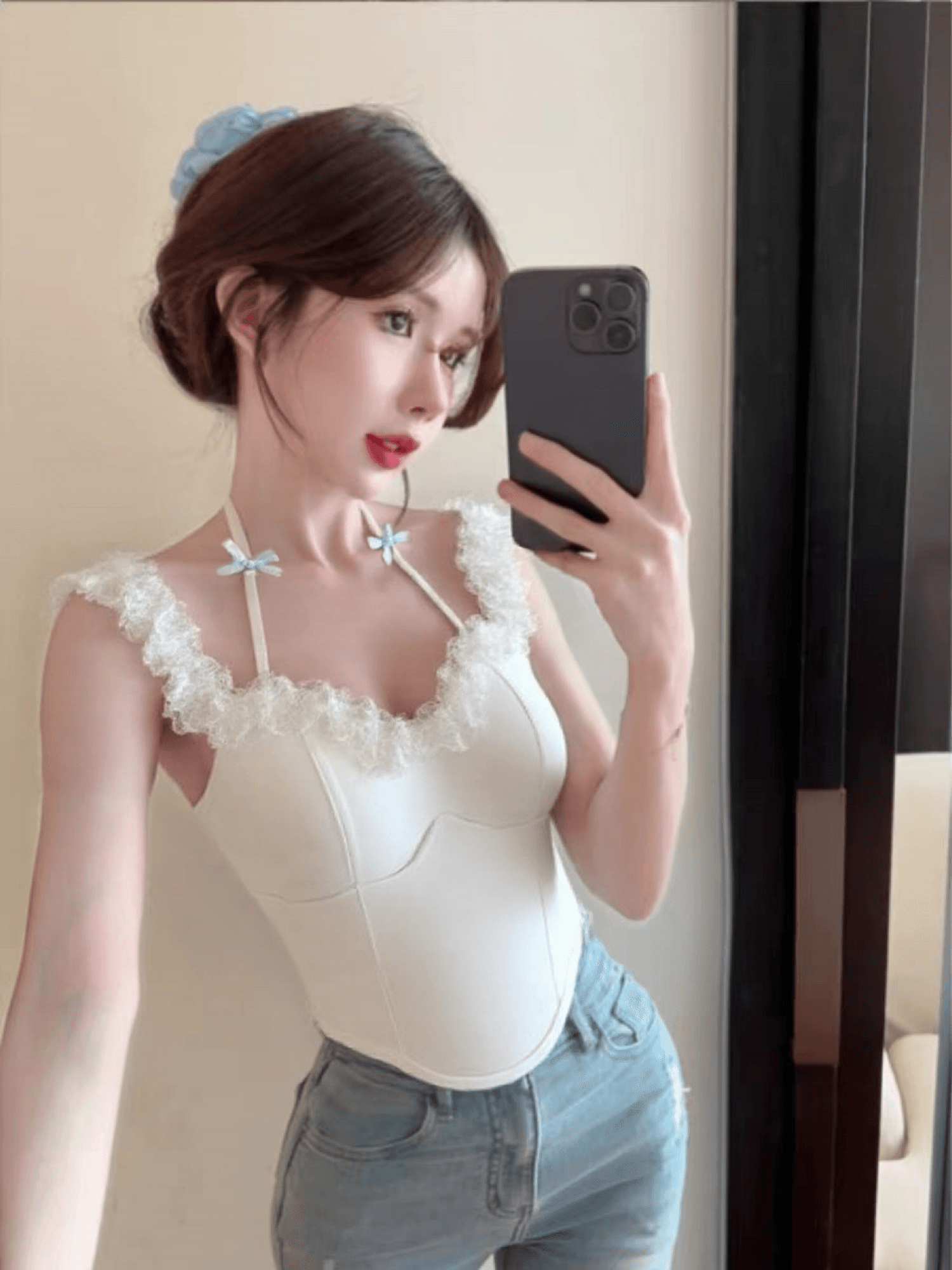 나비 매듭 행침 목 캐미솔 몸매 가꾸기 핫걸 레이스 레이스 백리스 쇼트 스타일 맨위 상세 이미지 1