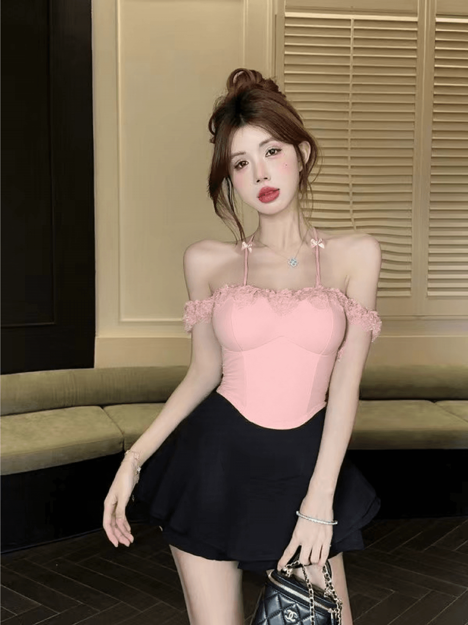 나비 매듭 행침 목 캐미솔 몸매 가꾸기 핫걸 레이스 레이스 백리스 쇼트 스타일 맨위 상세 이미지 7