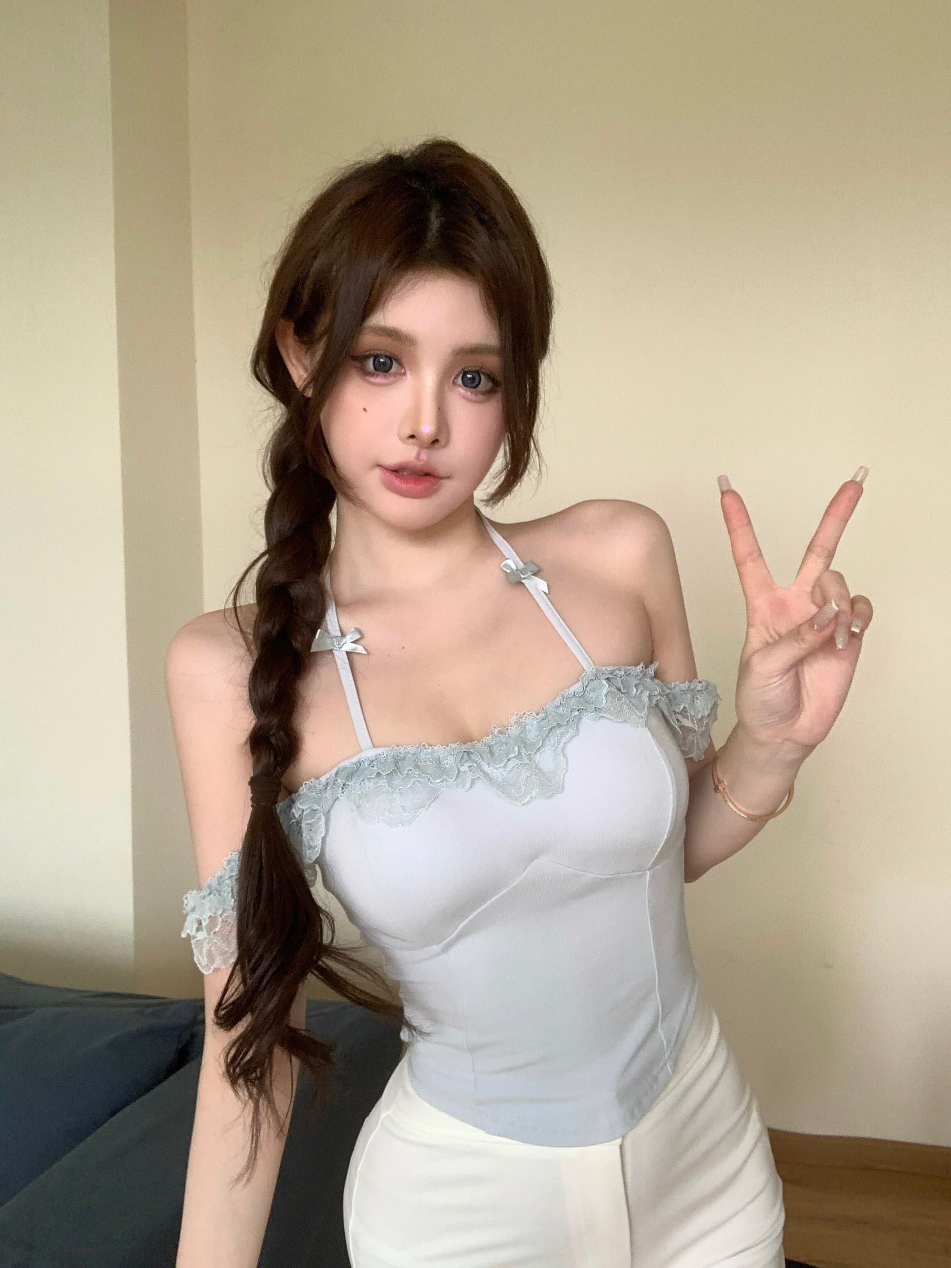나비 매듭 행침 목 캐미솔 몸매 가꾸기 핫걸 레이스 레이스 백리스 쇼트 스타일 맨위 상세 이미지 14
