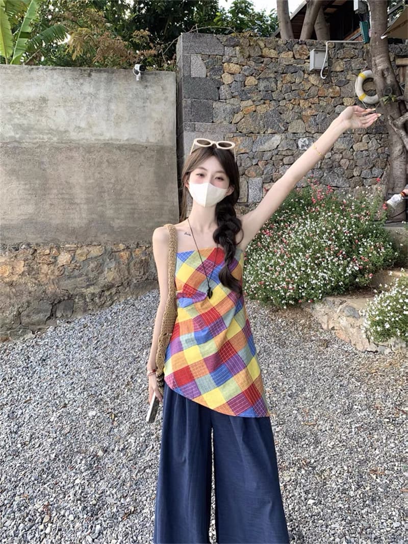 달콤한 핫걸 색상 체크무늬 캐미솔 여름 작은 대중 디자인 센스 불규칙 허리 수축 chic 외출용 맨위 상세 이미지 8