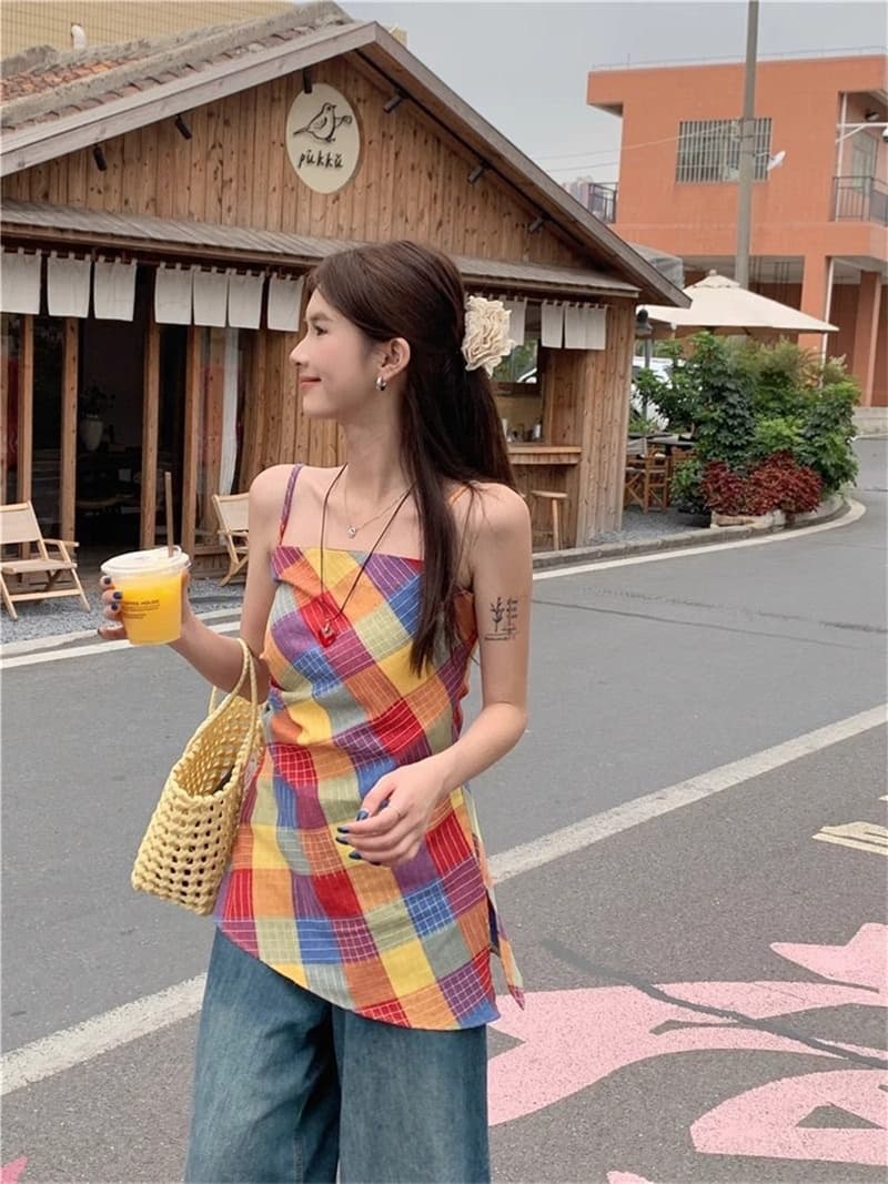 원본 품질 여름 도파민 색상 체크무늬 캐미솔 핫걸 디자인 센스 불규칙 맨위 상세 이미지 4