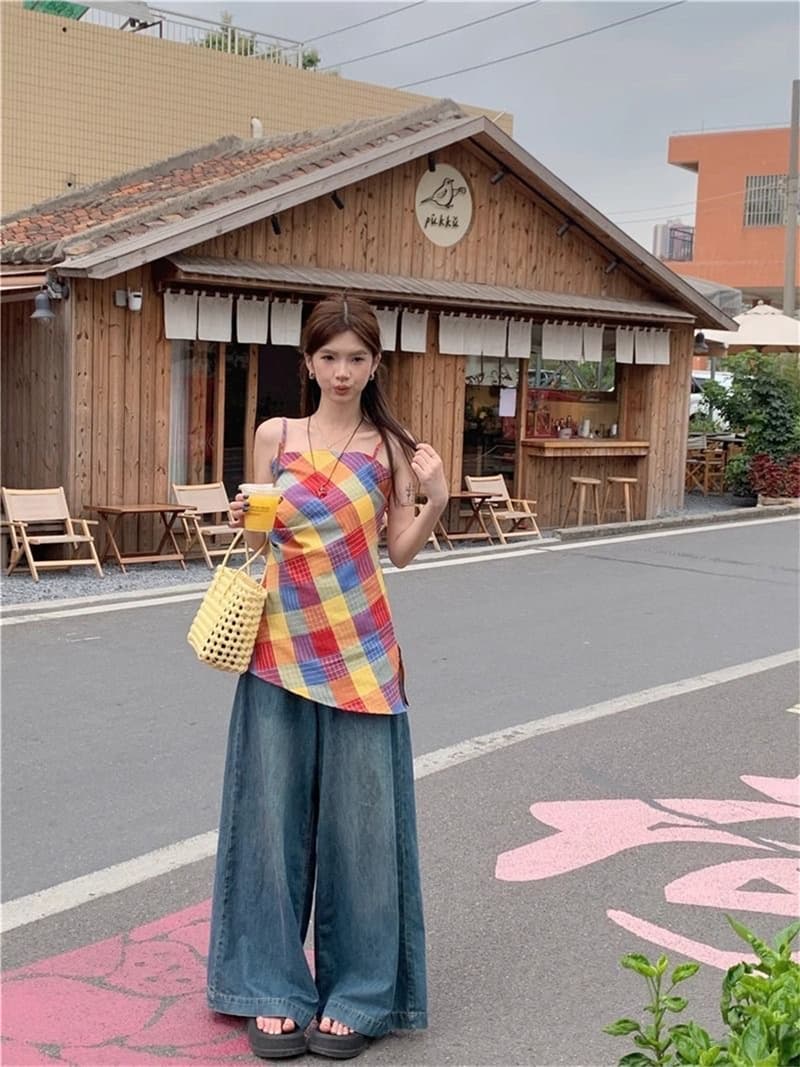 원본 품질 여름 도파민 색상 체크무늬 캐미솔 핫걸 디자인 센스 불규칙 맨위 상세 이미지 6
