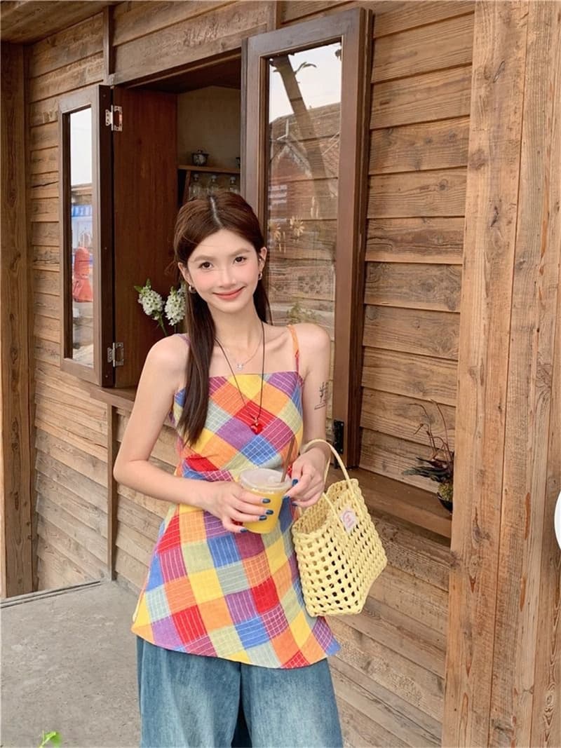 원본 품질 여름 도파민 색상 체크무늬 캐미솔 핫걸 디자인 센스 불규칙 맨위 상세 이미지 10