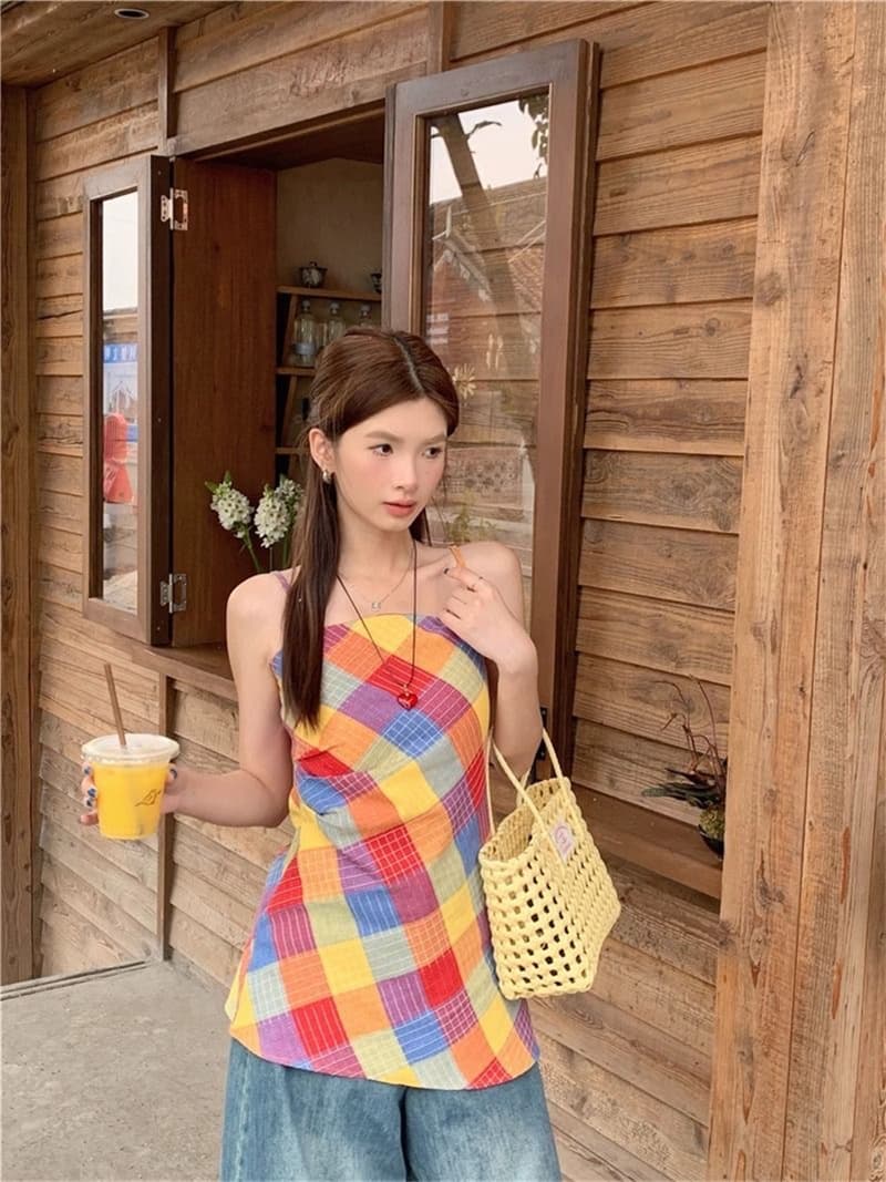 원본 품질 여름 도파민 색상 체크무늬 캐미솔 핫걸 디자인 센스 불규칙 맨위 상세 이미지 12