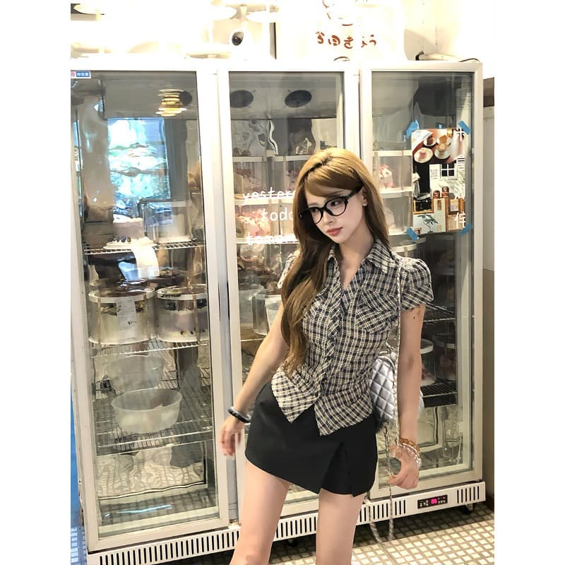 원본 순면 원단 고급 센스 격자 무늬 셔츠 여름 핫걸 허리 수축 몸매 가꾸기 품격 반팔 맨위 여성 이미지 4