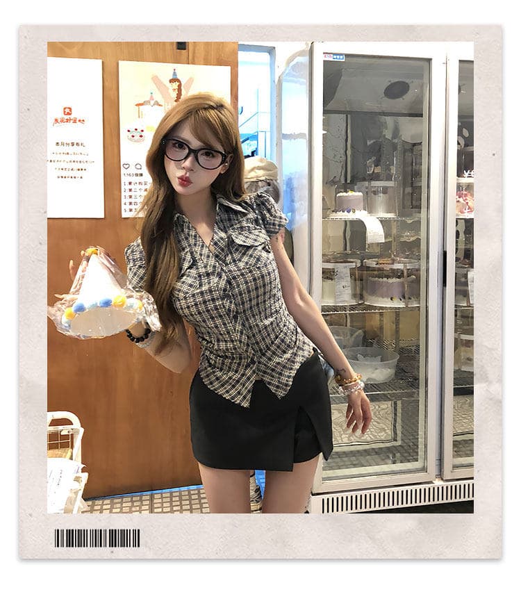 원본 순면 원단 고급 센스 격자 무늬 셔츠 여름 핫걸 허리 수축 몸매 가꾸기 품격 반팔 맨위 여성 상세 이미지 2