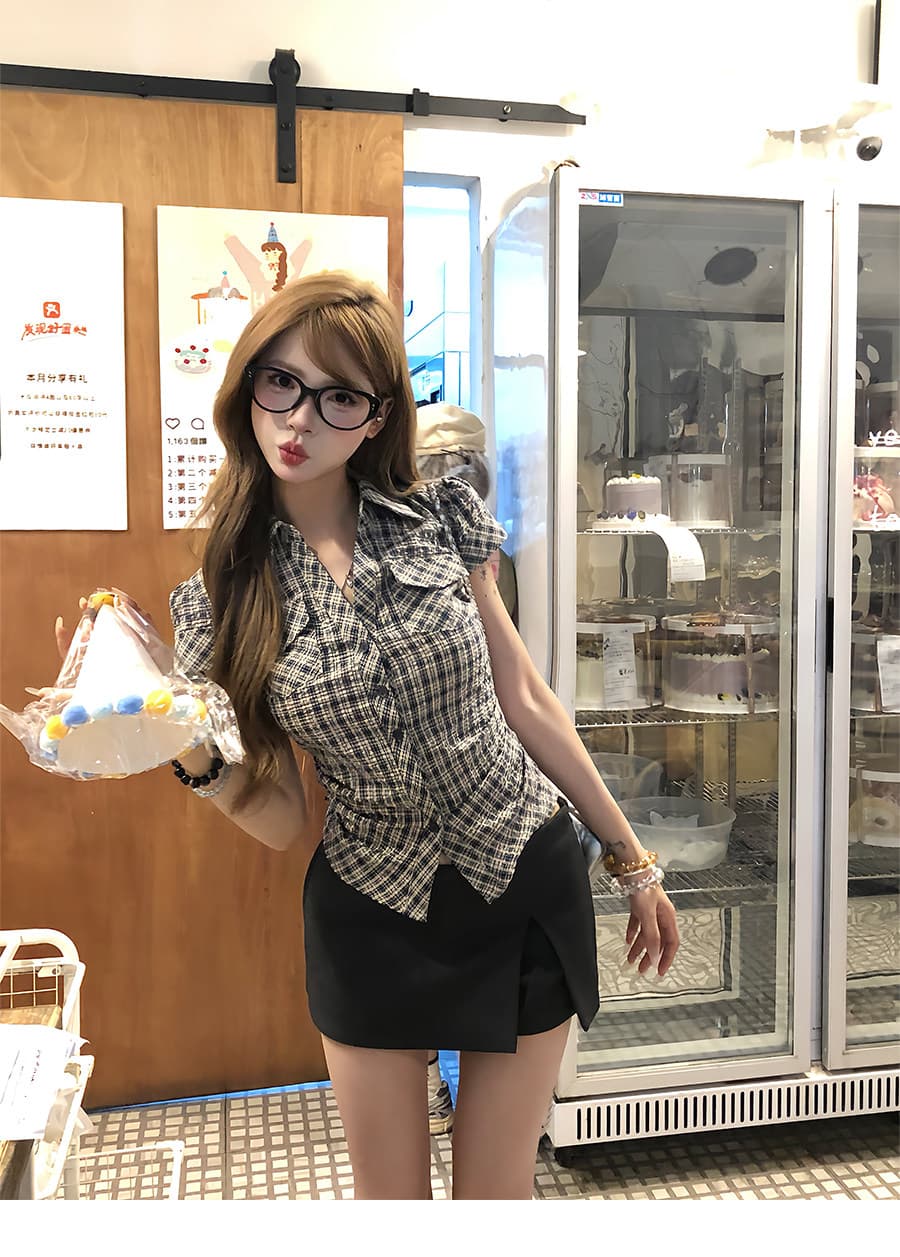 원본 순면 원단 고급 센스 격자 무늬 셔츠 여름 핫걸 허리 수축 몸매 가꾸기 품격 반팔 맨위 여성 상세 이미지 3