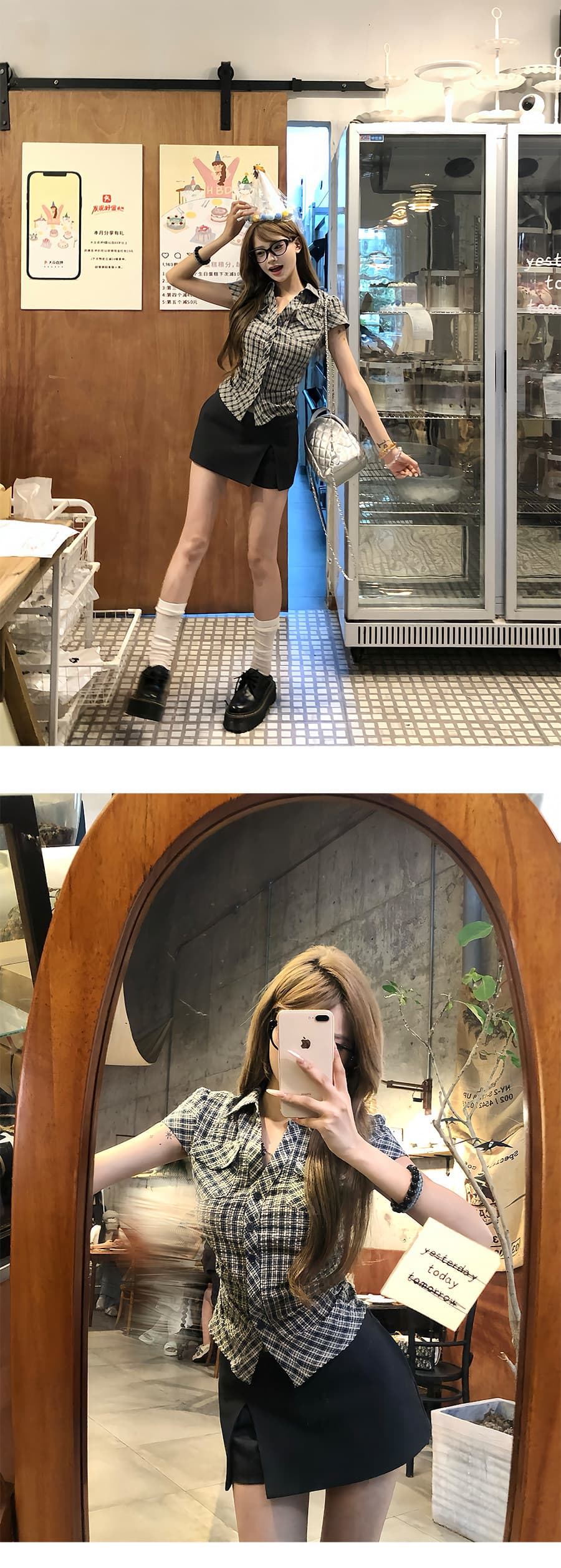 원본 순면 원단 고급 센스 격자 무늬 셔츠 여름 핫걸 허리 수축 몸매 가꾸기 품격 반팔 맨위 여성 상세 이미지 4