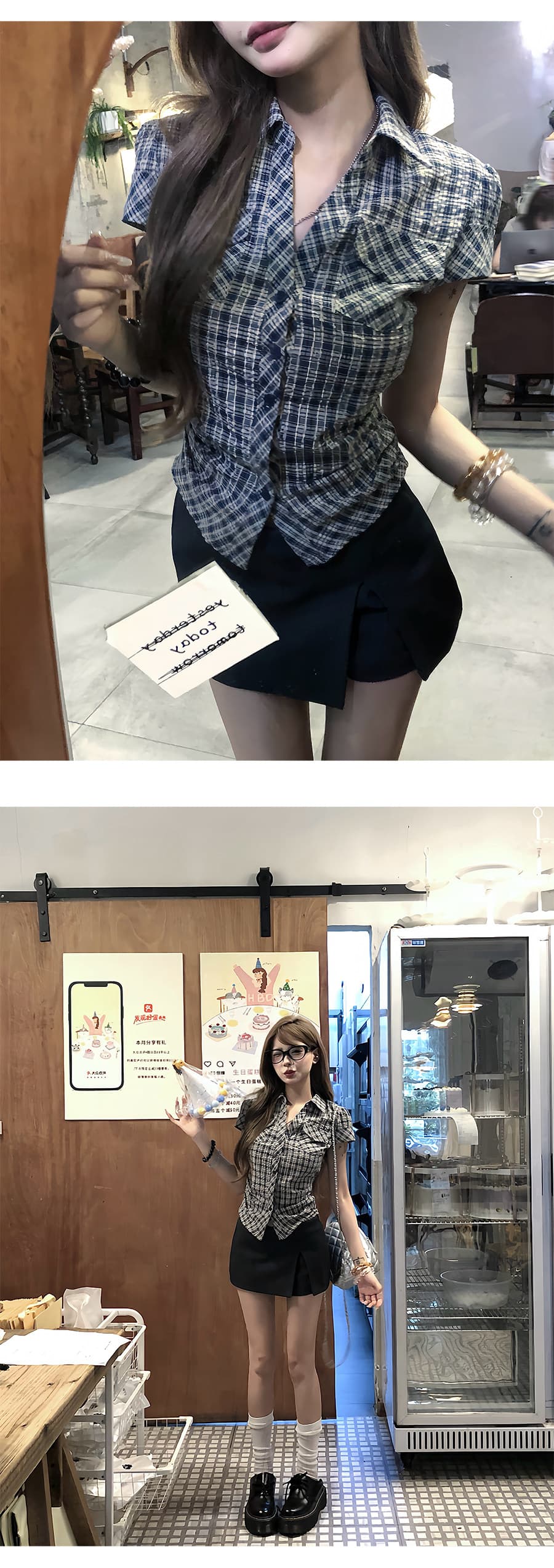 원본 순면 원단 고급 센스 격자 무늬 셔츠 여름 핫걸 허리 수축 몸매 가꾸기 품격 반팔 맨위 여성 상세 이미지 5