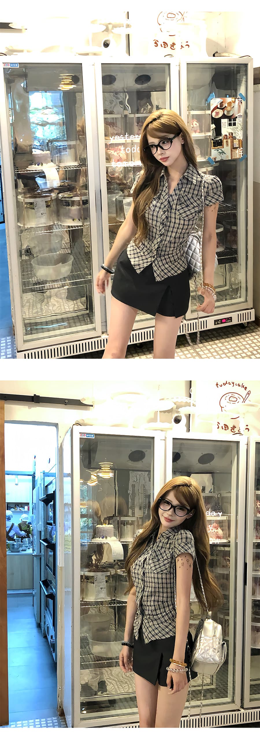 원본 순면 원단 고급 센스 격자 무늬 셔츠 여름 핫걸 허리 수축 몸매 가꾸기 품격 반팔 맨위 여성 상세 이미지 6