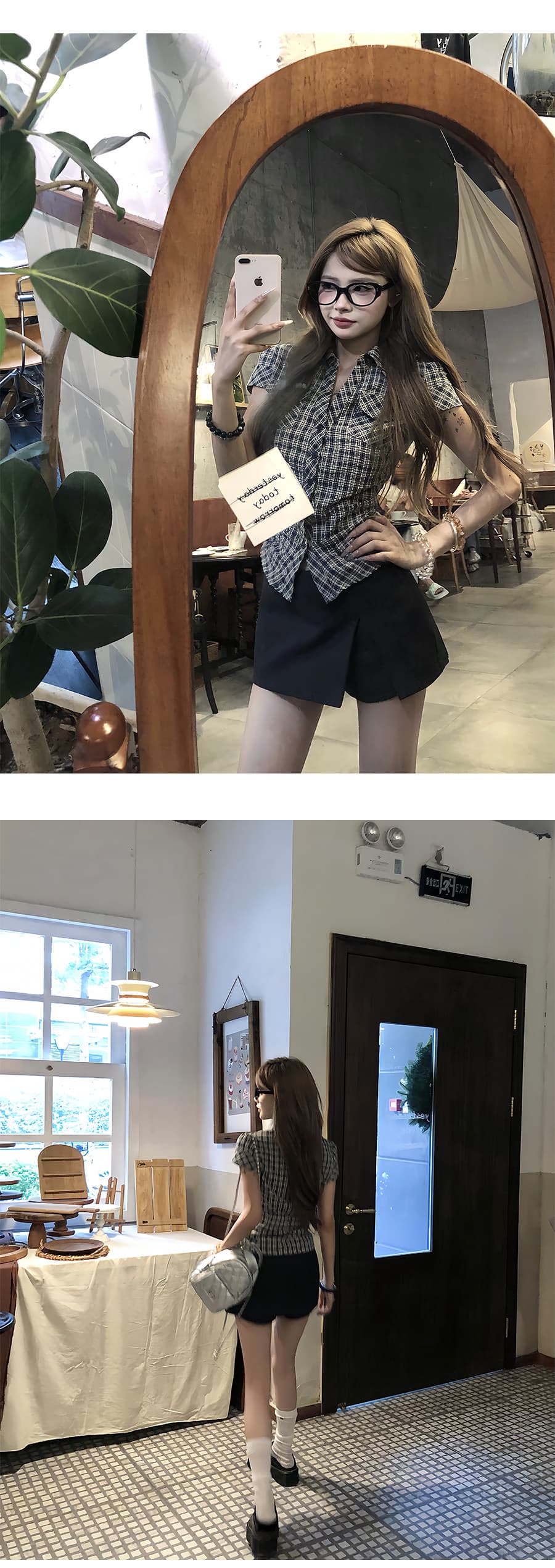 원본 순면 원단 고급 센스 격자 무늬 셔츠 여름 핫걸 허리 수축 몸매 가꾸기 품격 반팔 맨위 여성 상세 이미지 7