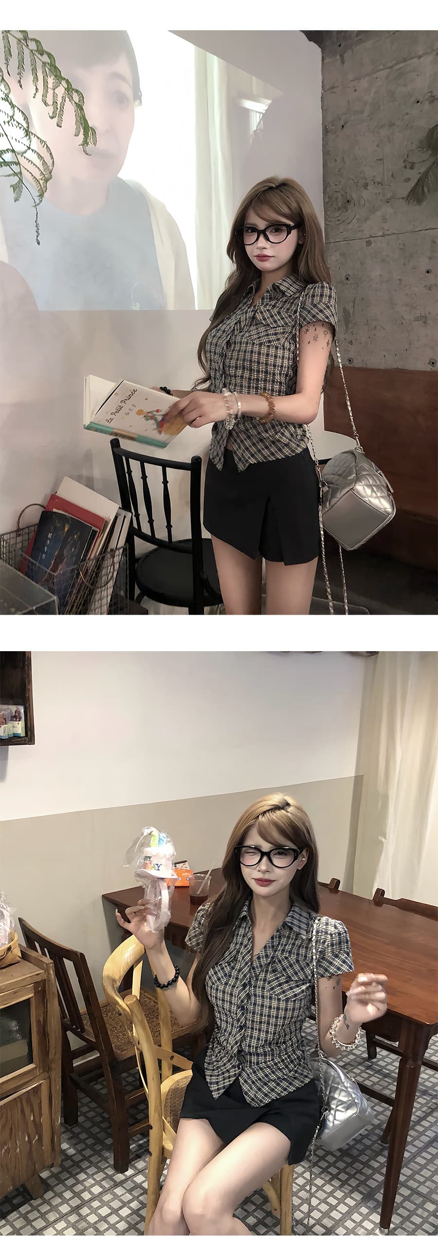 원본 순면 원단 고급 센스 격자 무늬 셔츠 여름 핫걸 허리 수축 몸매 가꾸기 품격 반팔 맨위 여성 상세 이미지 8