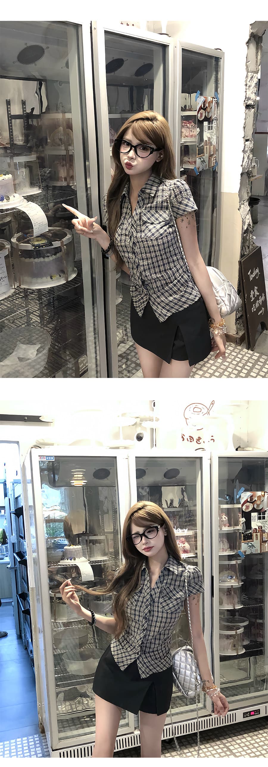 원본 순면 원단 고급 센스 격자 무늬 셔츠 여름 핫걸 허리 수축 몸매 가꾸기 품격 반팔 맨위 여성 상세 이미지 9