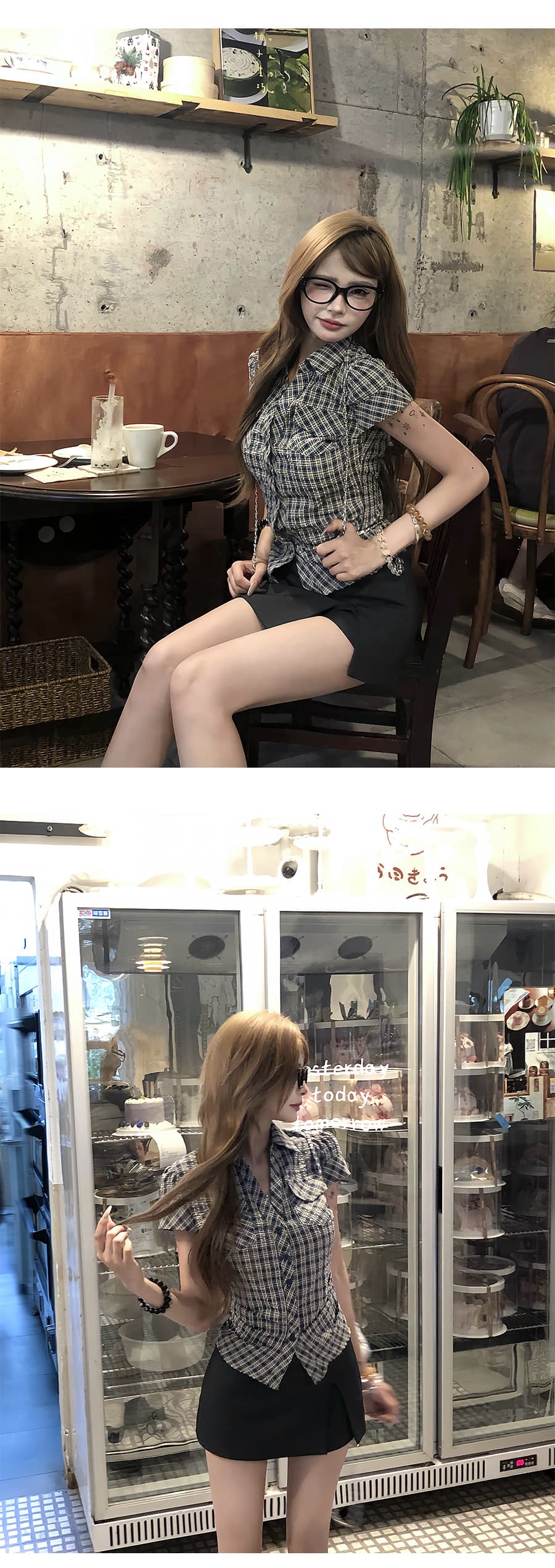 원본 순면 원단 고급 센스 격자 무늬 셔츠 여름 핫걸 허리 수축 몸매 가꾸기 품격 반팔 맨위 여성 상세 이미지 11